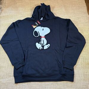 NEW Snoopy Hoodie Womens Black Peanuts Embroidered Pullover Sweatshirt Size XL